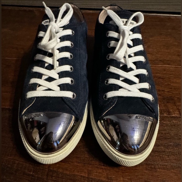 Miu Miu Navy Blue Suede Metal Cap Toe Lace Up Sneakers- 40 - Picture 5 of 14